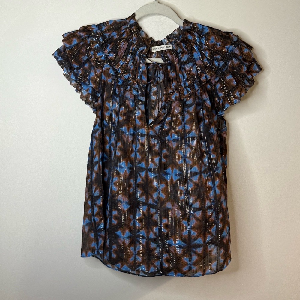Ulla Johnson Blue Brown Silk Pleated Blouse Size 4 Tie Neck Shibori Metallic